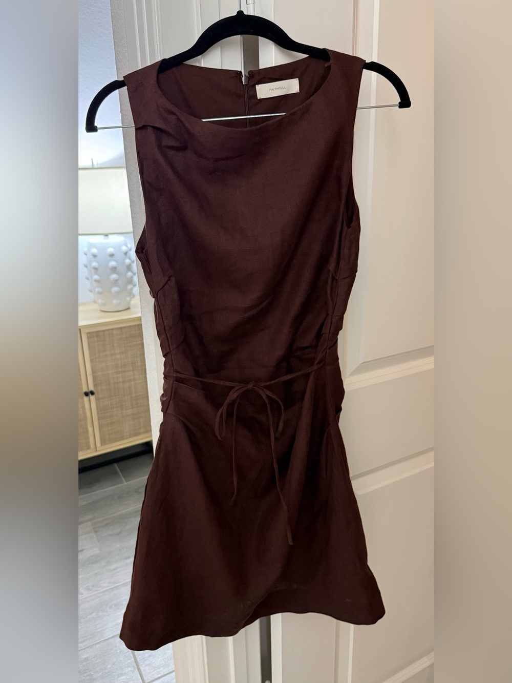 Brown Linen Blend Mini Dress - Picture 4 of 6
